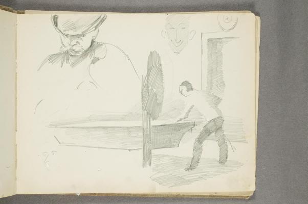 a) Portrait Sketches b) Man Playing Billiards