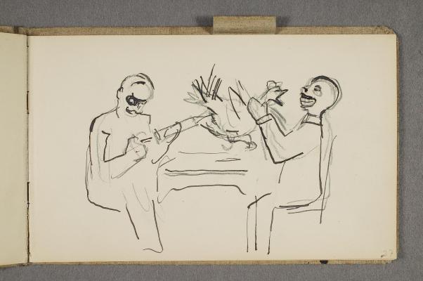 Caricature. Two Seated Men with a Hen Being Inseminated