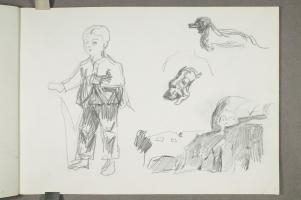a) Skisse til gutten i "Historien" b) To skisser av hund c) Landskapsskisse