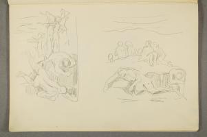 To skisser med soltilbedere og liggende menn