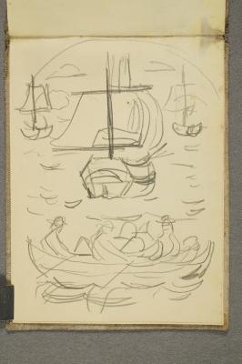 Draft for Bergen Stock Exchange: Rowboat and Sailing Ships