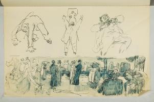 a) Tre skisser av mann i aksjon, b) Variant av "Livets dans"