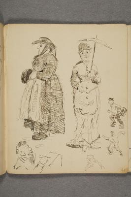 a) Woman b) Woman with Parasol c) Four Small Figure Sketches