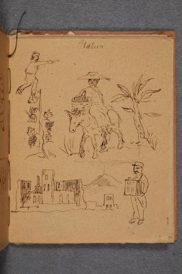 Italy: Woman on a Donkey, Man with a Knife, Castle Ruin, and Musician with an Accordion
