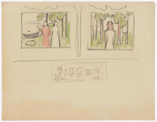 a) Outline Sketch for The Frieze of Life, with "Red and White" and "The Voice" b) Dance on the Beach