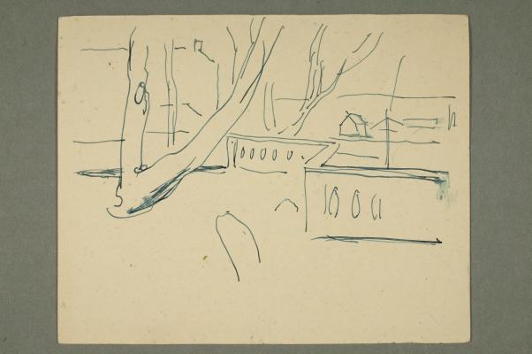 Letter to Karen Bjølstad with Drawing of Landscape with Trees, House and Fence