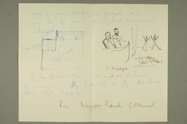 Letter to Ludvig Ravensberg with Two Sketches: a) Ground Plan b) Two Men at the Theatre