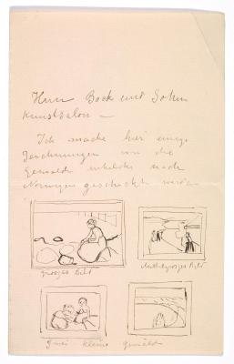 Letter draft to Kunstsalon Louis Bock & Sohn with sketches of five paintings