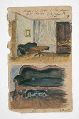 a) Christian Munch's Office at 48 Thorvald Meyer Street b) Couch and Dog