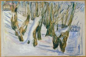 Knudrete trestammer i snø